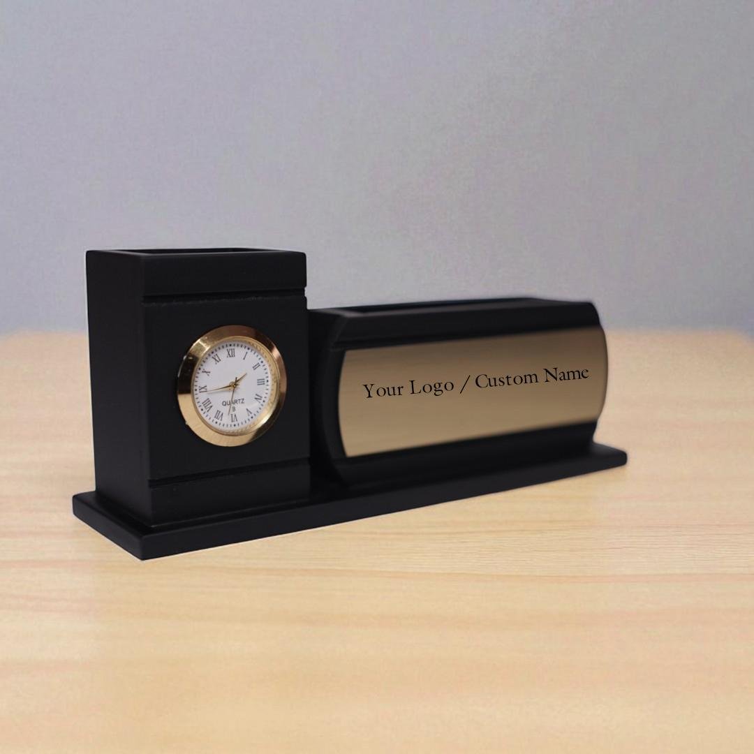 Black Customized Pen Stand with Clock