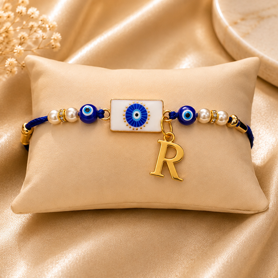 Personalized Evil Eye Rakhi with Initial & Pearl Beads