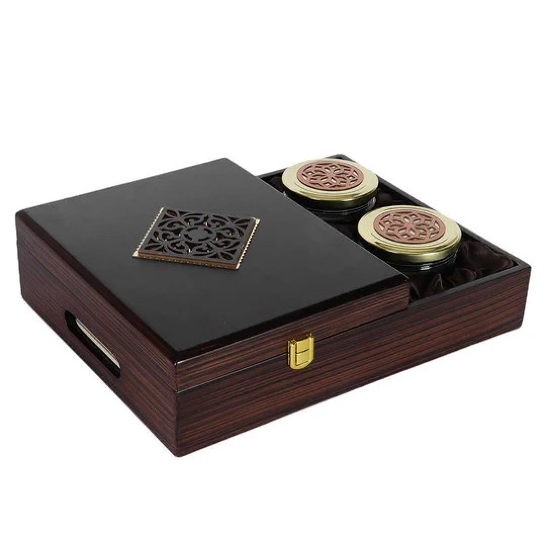 Royal Wooden Gift Box – 2 Jars & 20 Cavities for Sweets & Dry Fruits