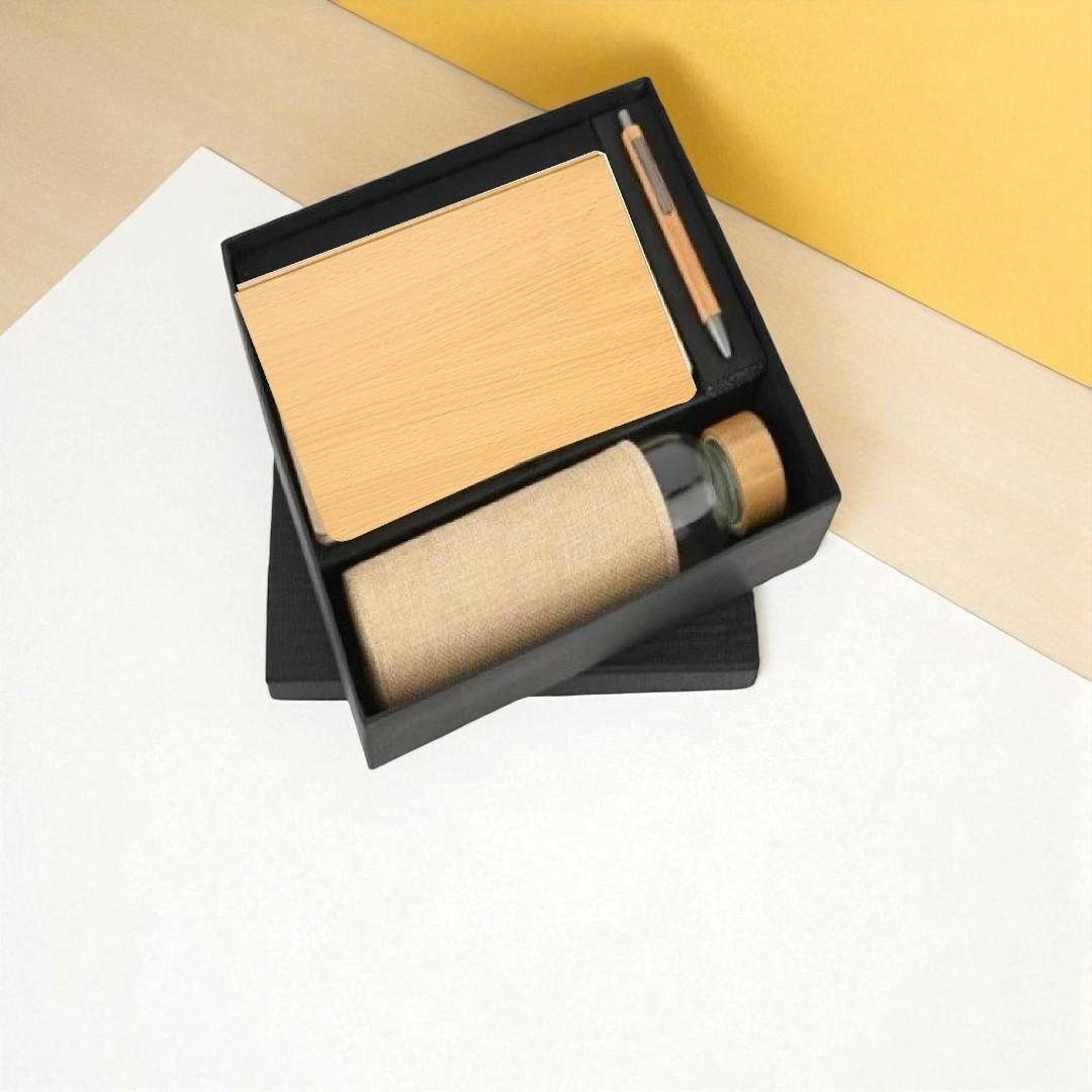 Wooden Elegance Gift Set – Pen, Diary & Glass Bottle